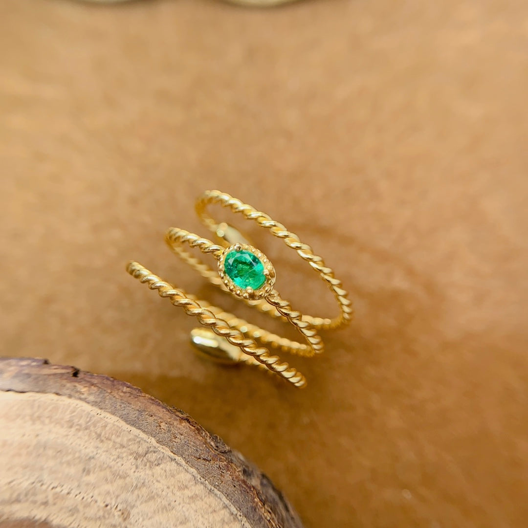 Natural Emerald Ring, Triple Band Design, 3x4mm Gemstones, Exquisite 925 Silver Setting, Symbol of Luck & Happiness