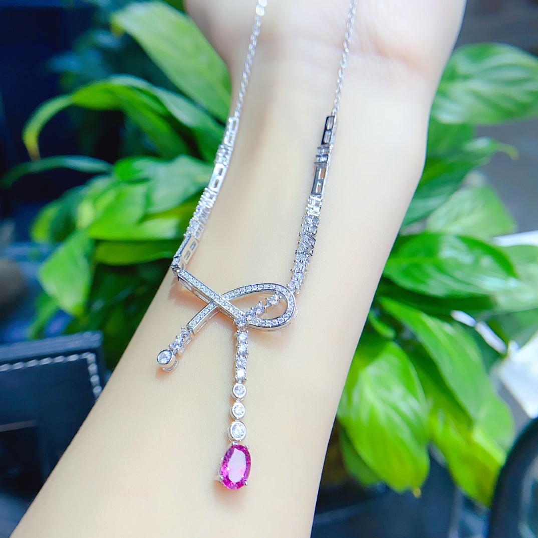 Natural Tourmaline Necklace, Light Luxury Design, 925 Silver Setting, Simple & Elegant, Beautiful Color, 5x7mm Gem