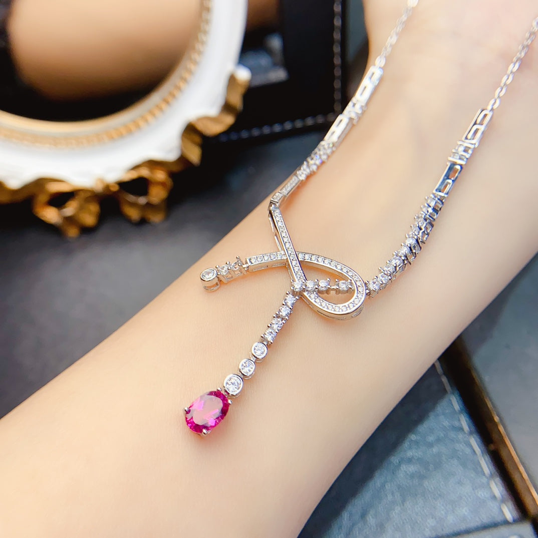 Natural Tourmaline Necklace, Light Luxury Design, 925 Silver Setting, Simple & Elegant, Beautiful Color, 5x7mm Gem