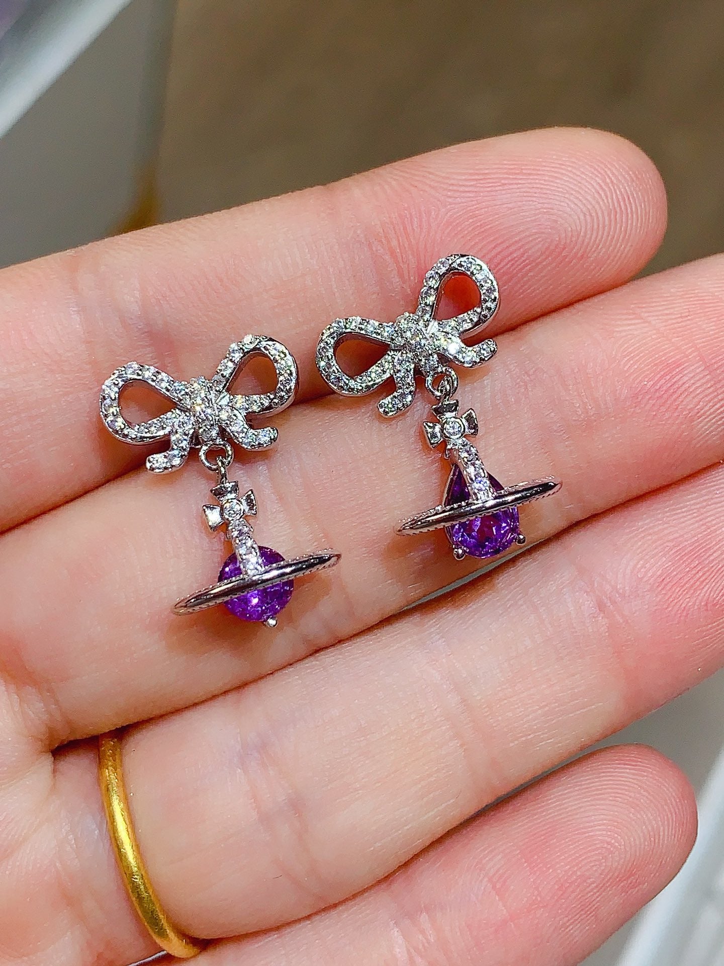 Natural Brazilian Amethyst Earrings, Full Cabochon & Round Cut, Top Clarity, 925 Silver Setting, 5x7mm + 5mm Round