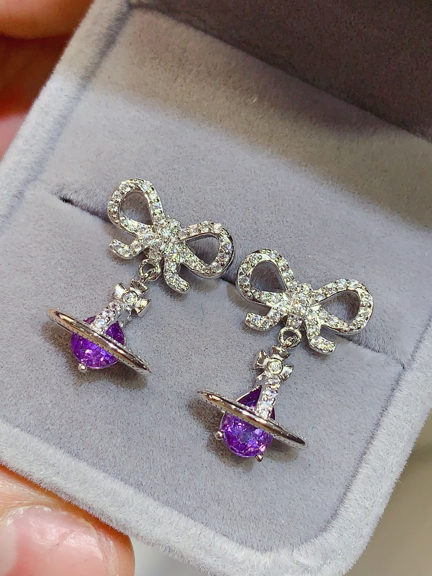 Natural Brazilian Amethyst Earrings, Full Cabochon & Round Cut, Top Clarity, 925 Silver Setting, 5x7mm + 5mm Round