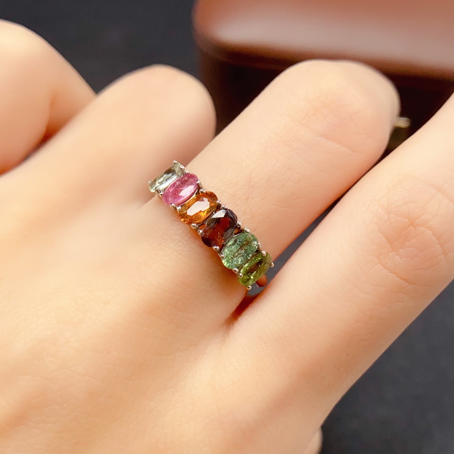 Natural Tourmaline Adjustable Ring, Eternity Stacking Band, Vibrant Color & Brilliant Fire, 925 Silver Setting, 3x5mm Gems