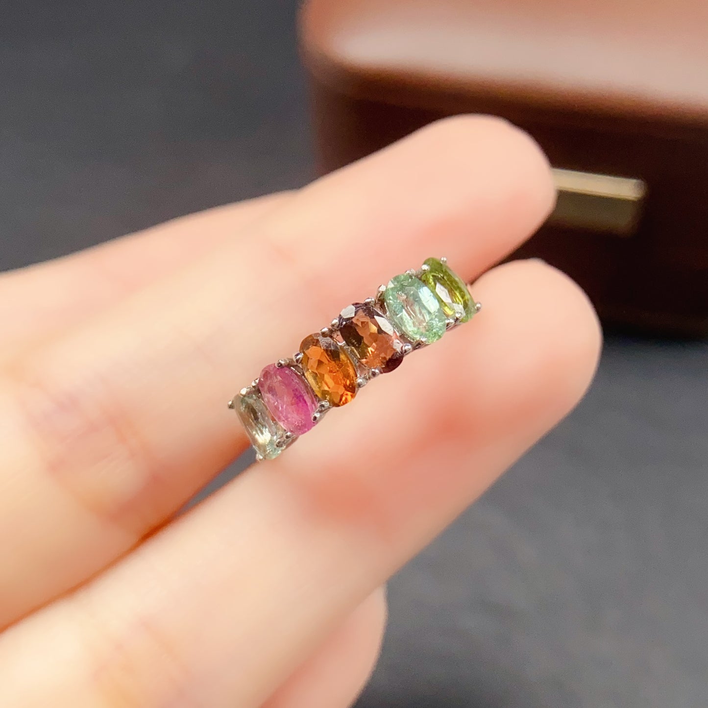 Natural Tourmaline Adjustable Ring, Eternity Stacking Band, Vibrant Color & Brilliant Fire, 925 Silver Setting, 3x5mm Gems