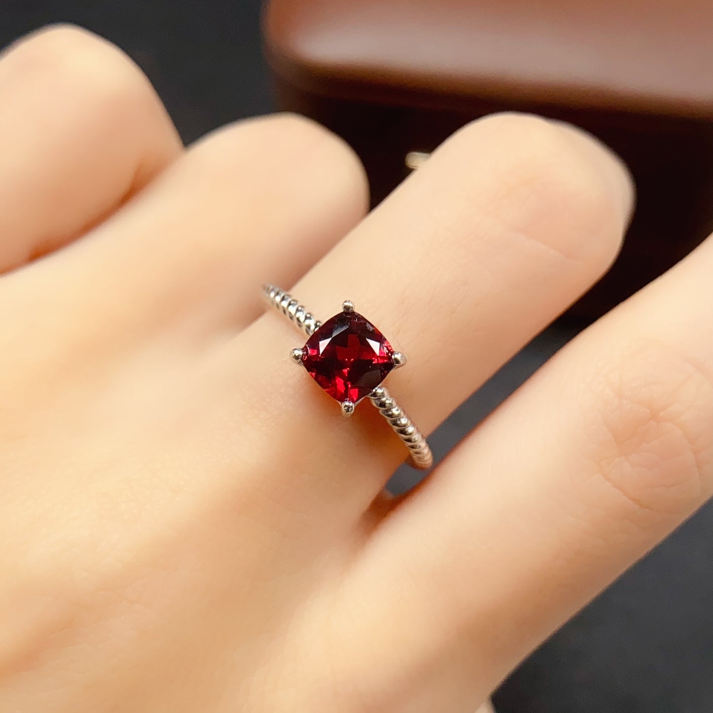 Natural Magnesium Aluminum Garnet Adjustable Ring, Simple 4-Prong Design, Vibrant Color & Brilliant Fire, 925 Silver Setting, 6x6mm Gem