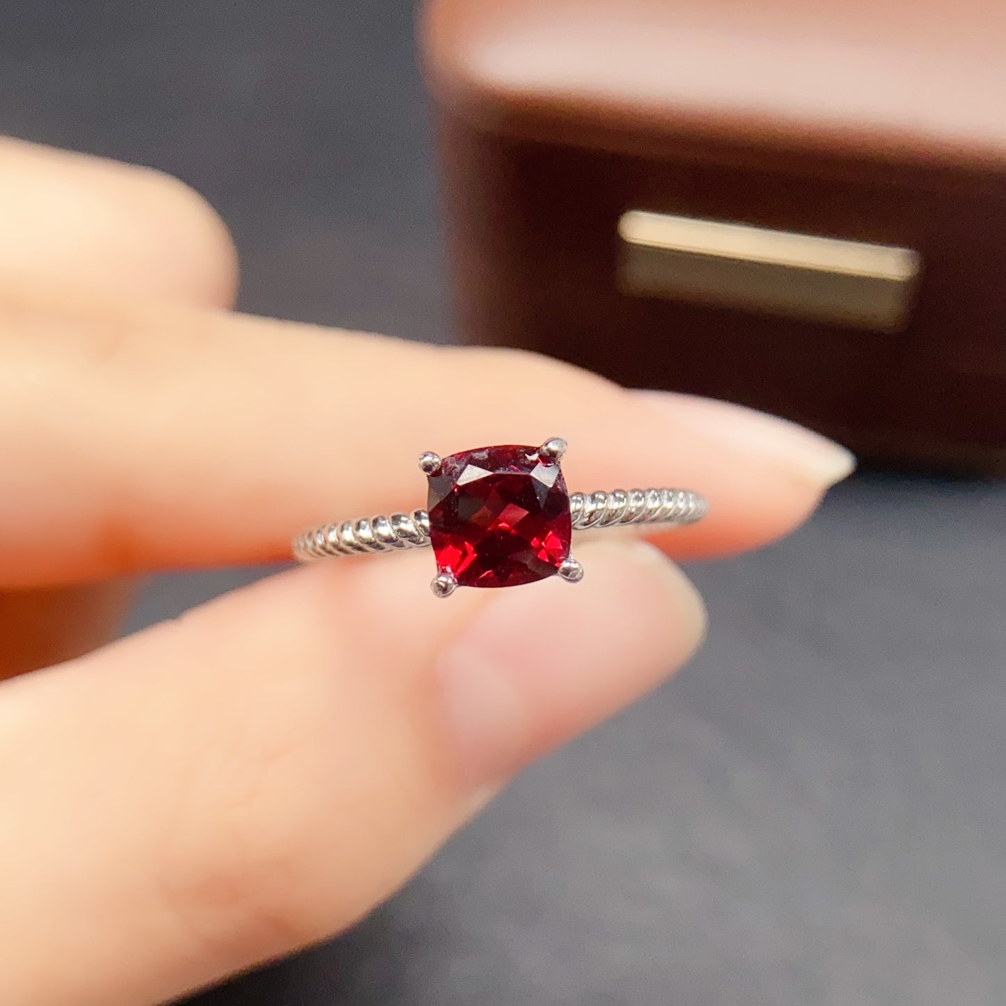 Natural Magnesium Aluminum Garnet Adjustable Ring, Simple 4-Prong Design, Vibrant Color & Brilliant Fire, 925 Silver Setting, 6x6mm Gem