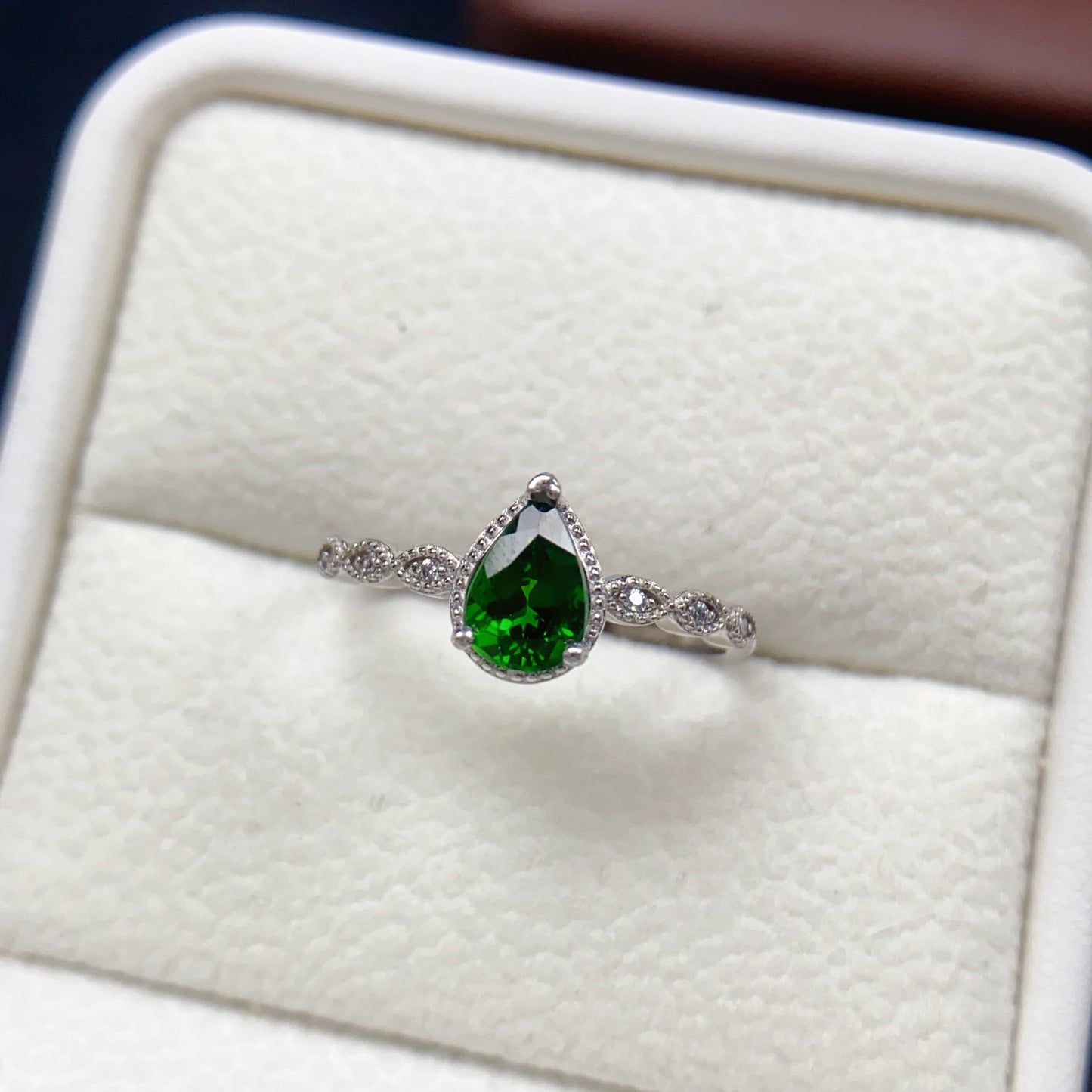 Natural Diopside Adjustable Ring, Teardrop Design, Vibrant Color & Brilliant Fire, 925 Silver Setting, 5x7mm Gem