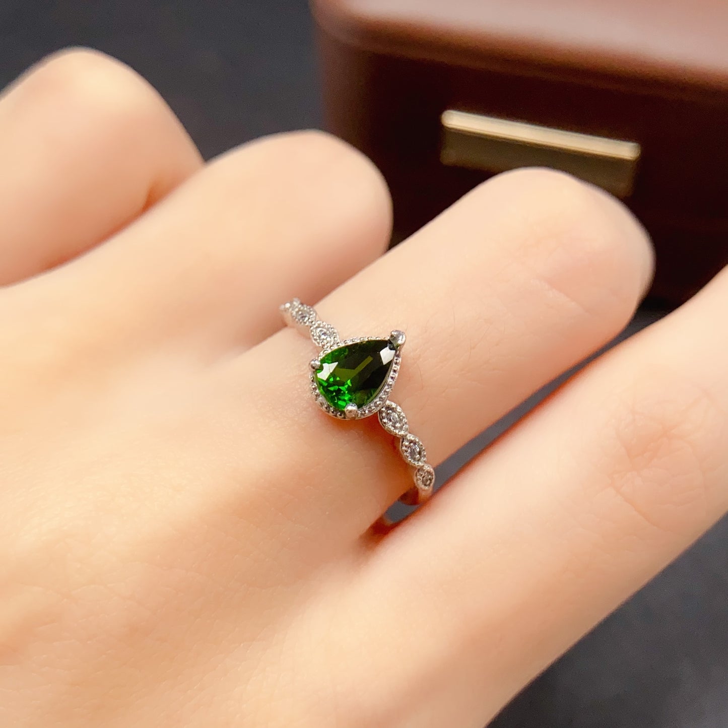 Natural Diopside Adjustable Ring, Teardrop Design, Vibrant Color & Brilliant Fire, 925 Silver Setting, 5x7mm Gem
