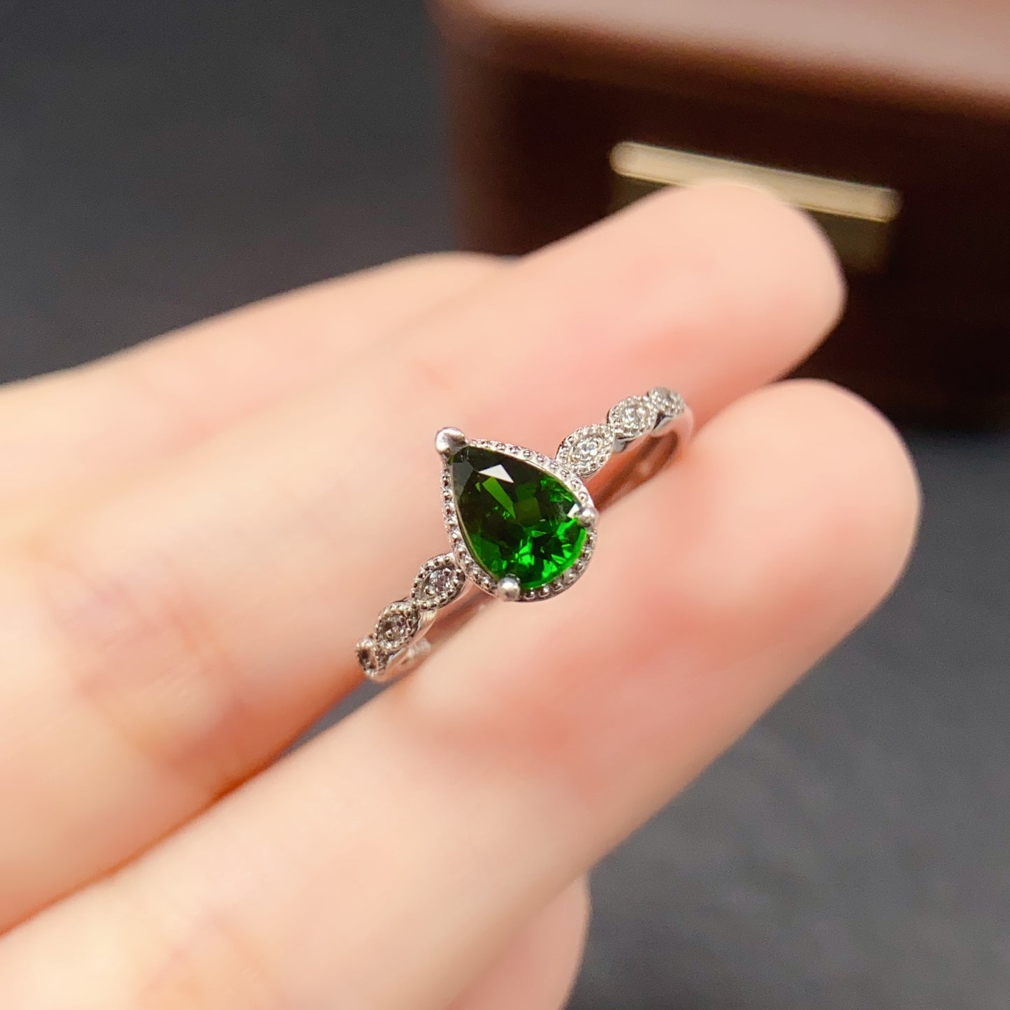 Natural Diopside Adjustable Ring, Teardrop Design, Vibrant Color & Brilliant Fire, 925 Silver Setting, 5x7mm Gem