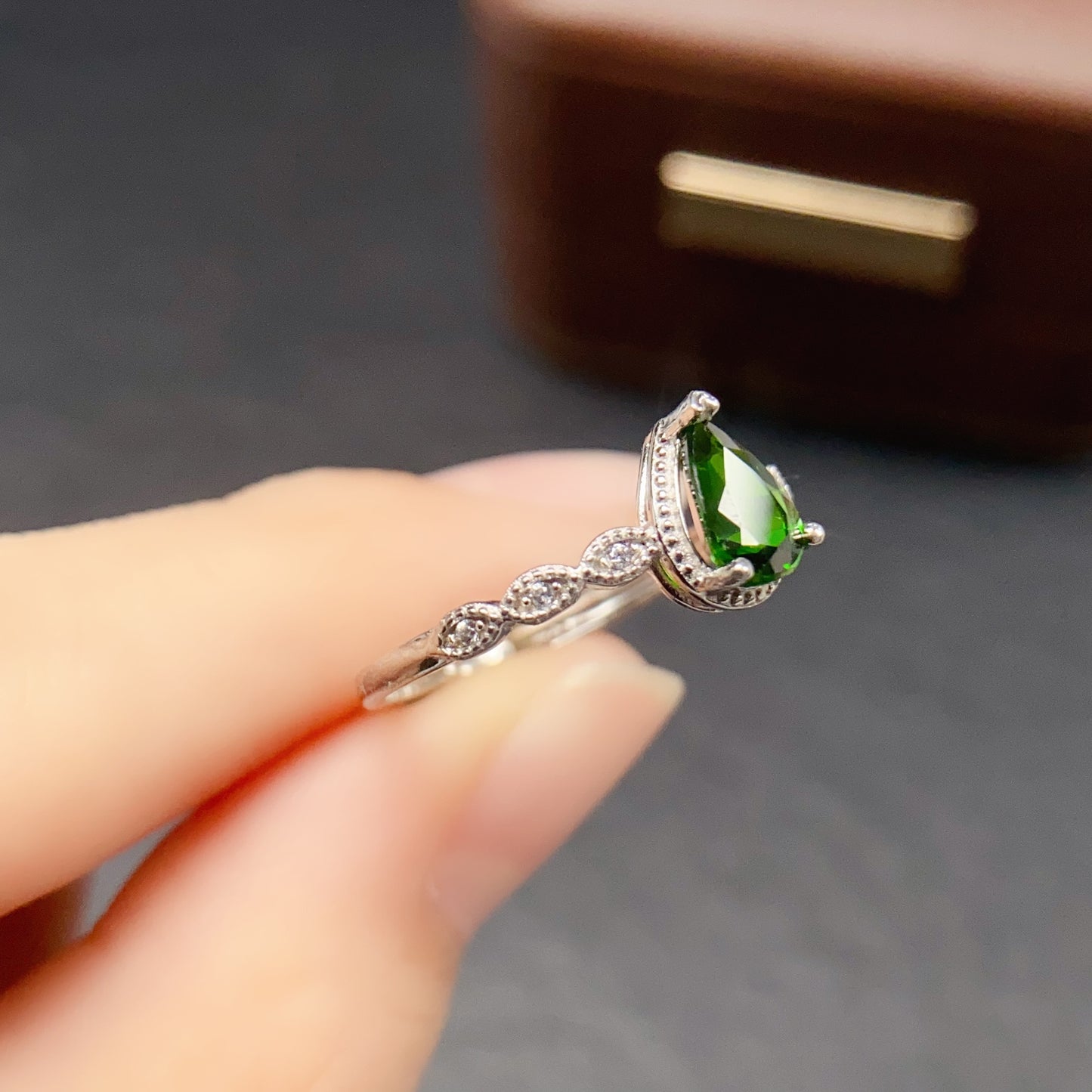 Natural Diopside Adjustable Ring, Teardrop Design, Vibrant Color & Brilliant Fire, 925 Silver Setting, 5x7mm Gem