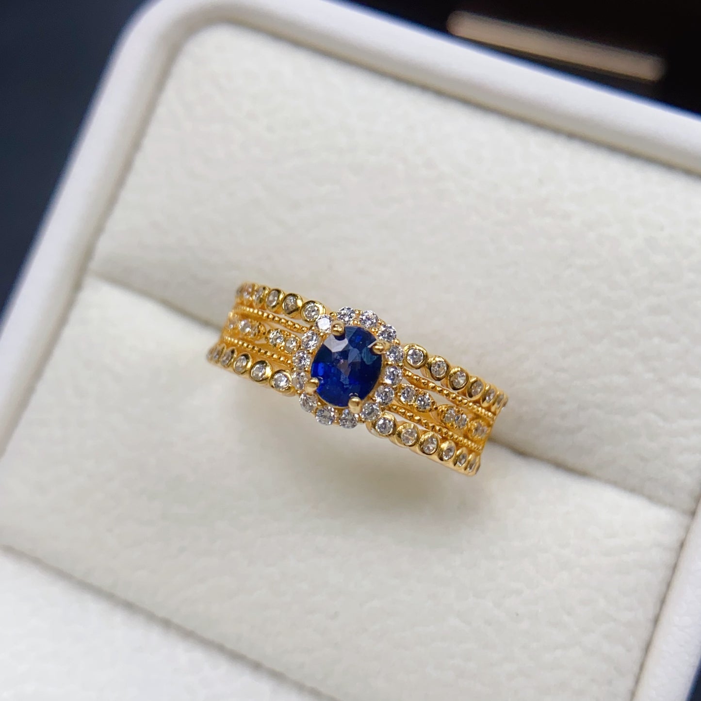 Natural Sapphire Adjustable Ring with Gold Accent, High Quality Vibrant Color, 925 Silver Setting, 4x5mm Gem