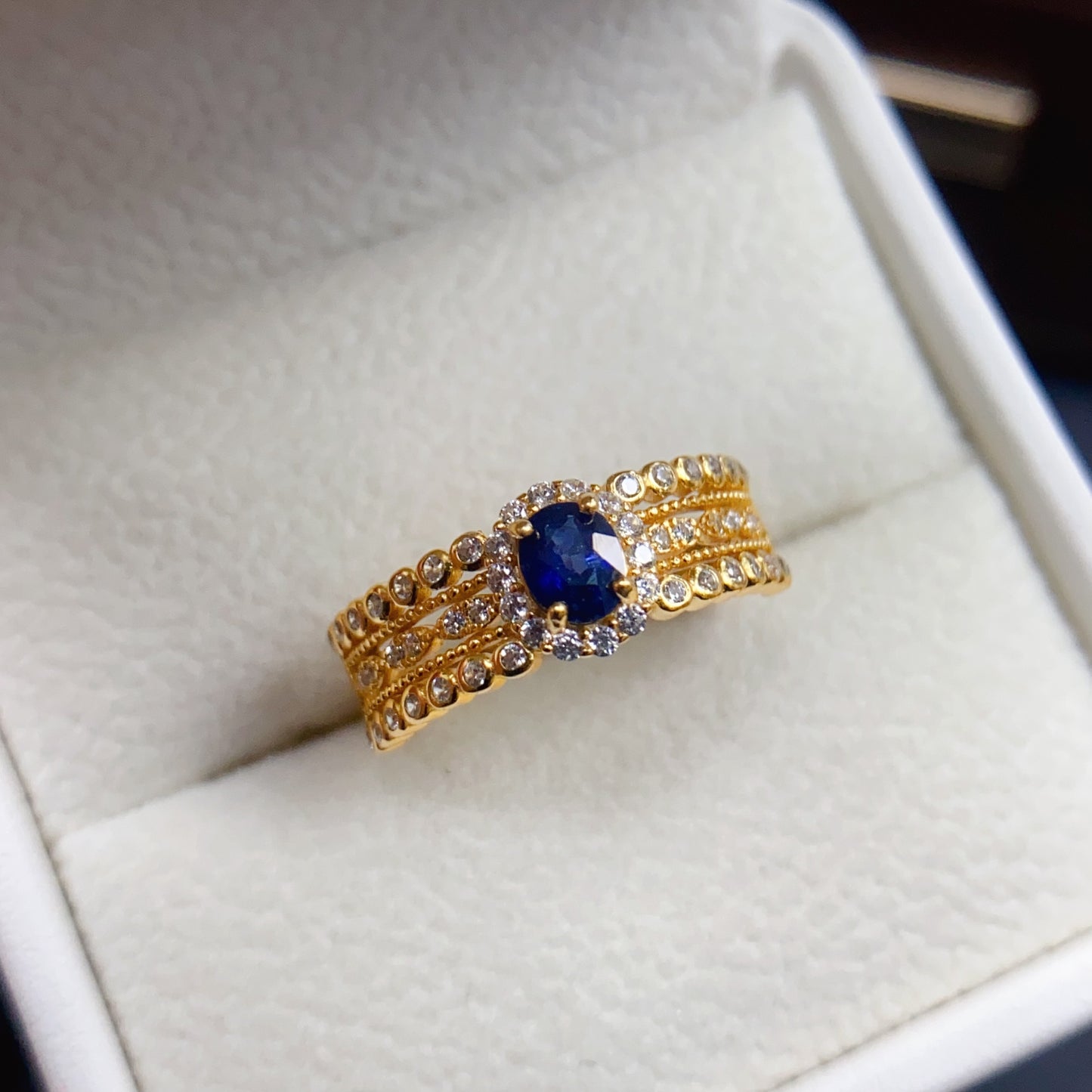 Natural Sapphire Adjustable Ring with Gold Accent, High Quality Vibrant Color, 925 Silver Setting, 4x5mm Gem