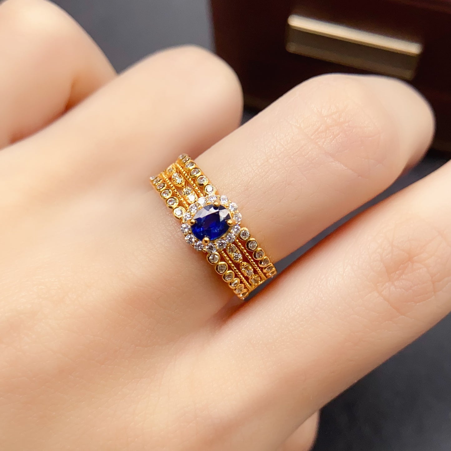 Natural Sapphire Adjustable Ring with Gold Accent, High Quality Vibrant Color, 925 Silver Setting, 4x5mm Gem