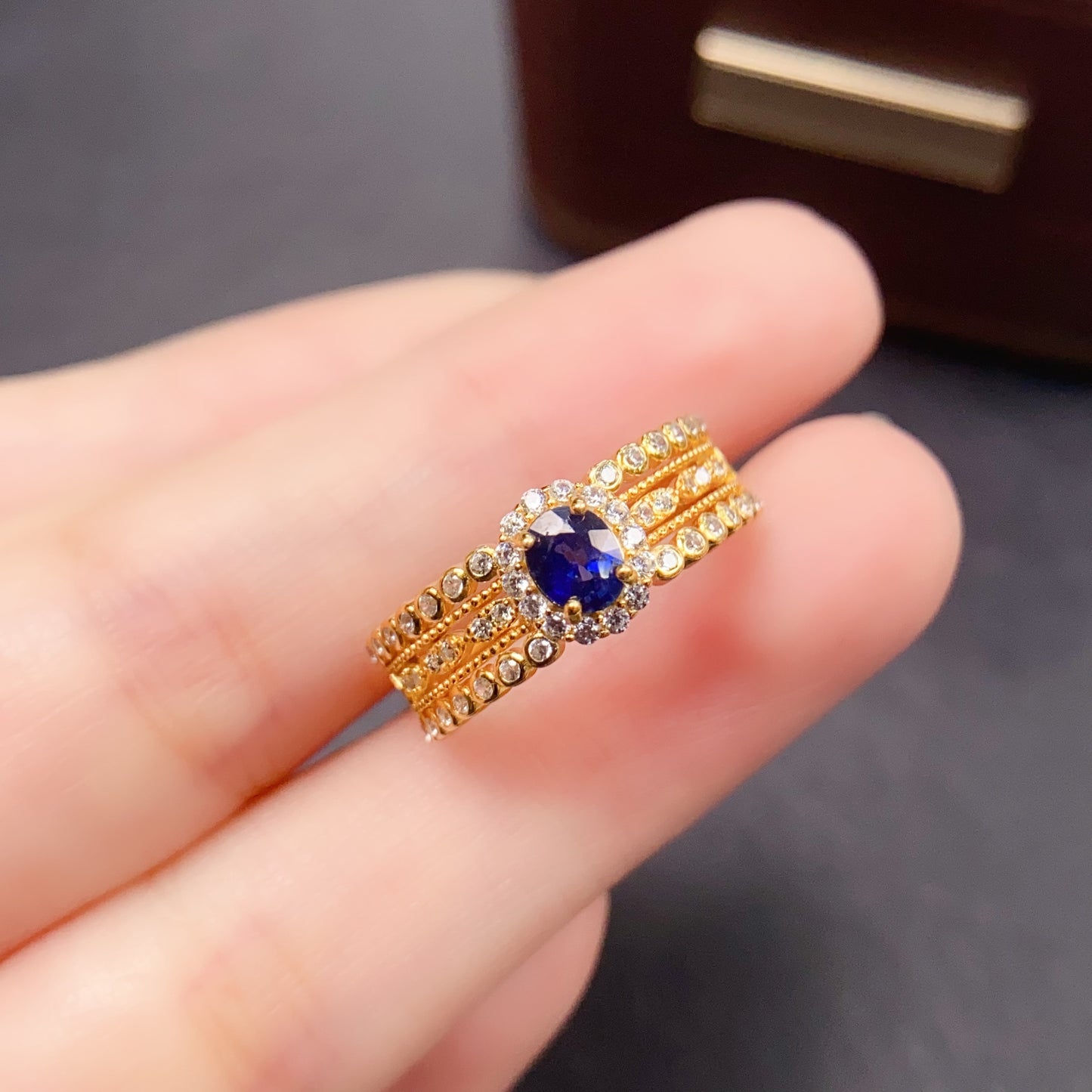Natural Sapphire Adjustable Ring with Gold Accent, High Quality Vibrant Color, 925 Silver Setting, 4x5mm Gem