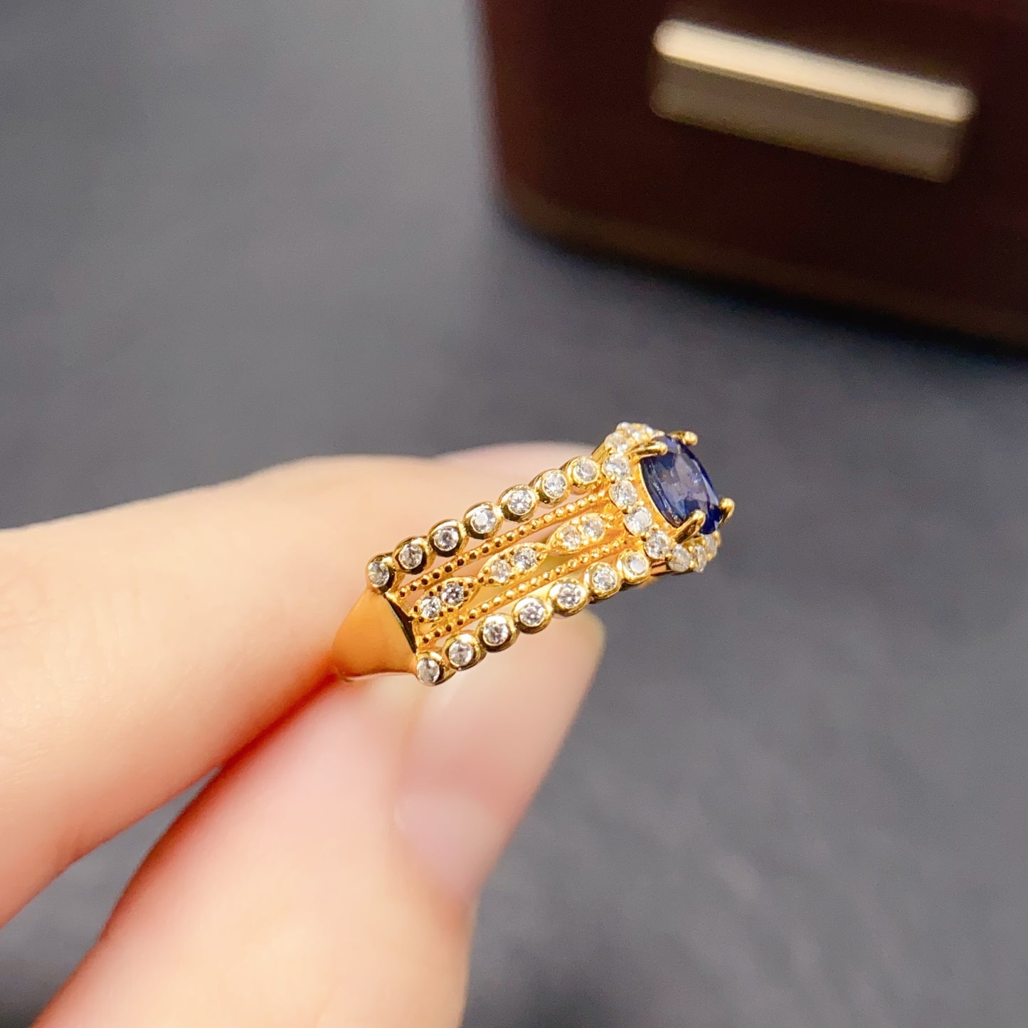 Natural Sapphire Adjustable Ring with Gold Accent, High Quality Vibrant Color, 925 Silver Setting, 4x5mm Gem