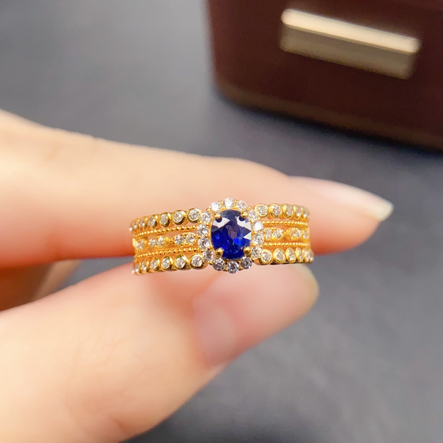 Natural Sapphire Adjustable Ring with Gold Accent, High Quality Vibrant Color, 925 Silver Setting, 4x5mm Gem