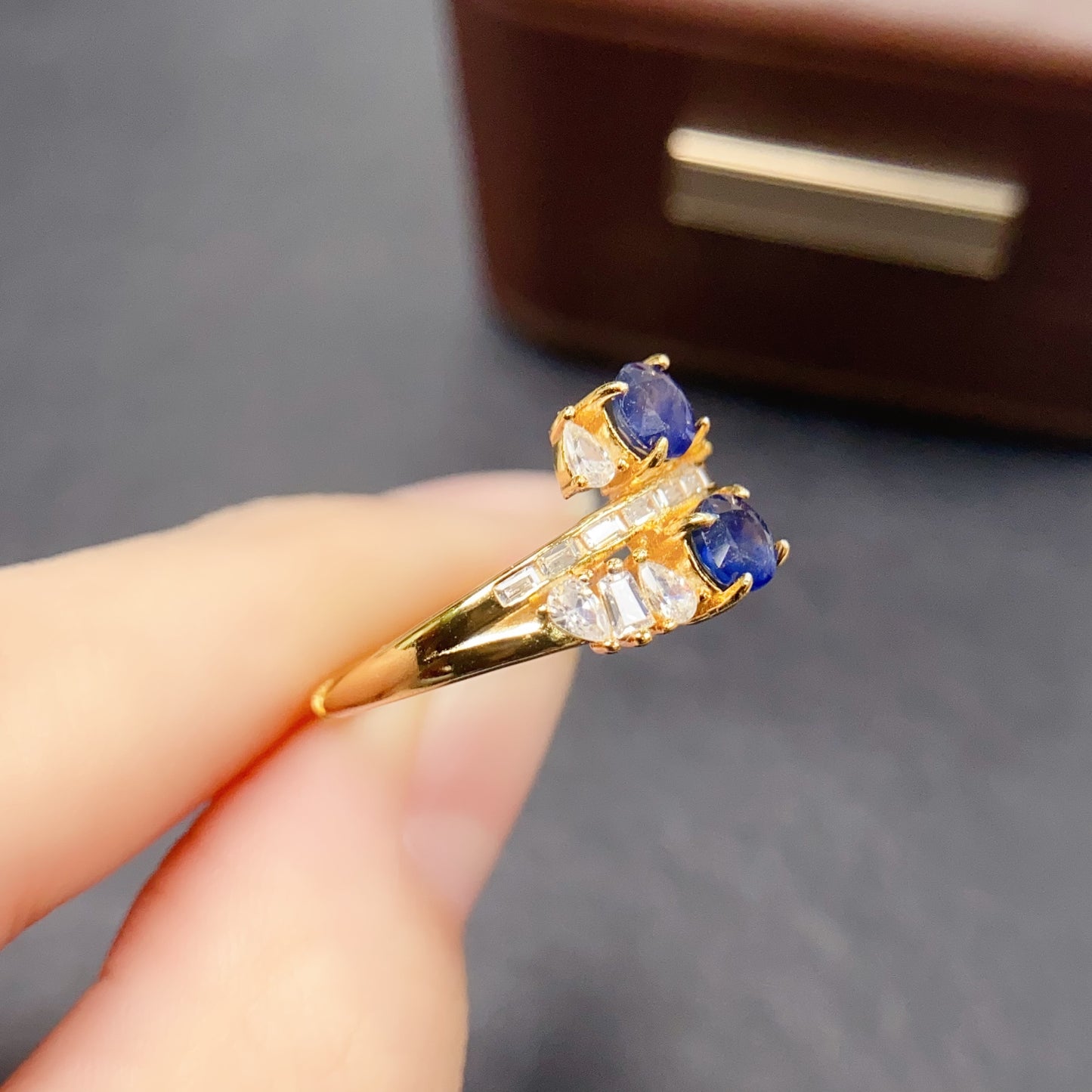 Natural Sapphire Ring Adjustable Light Luxury Two Stones👑Fashion Gold Silver Base🔥High Quality 925 Silver Fine Jewelry Gift
