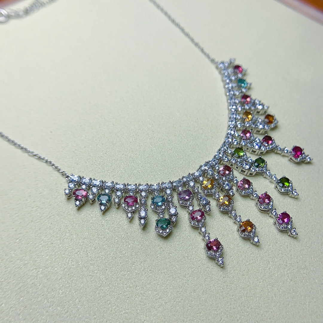 Natural Tourmaline Necklace Luxury Multicolor Sparkle🍀Crystal Clear S925 Silver Stacking Jewelry Gift