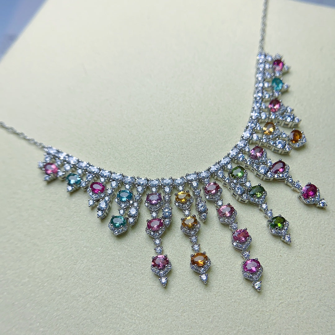 Natural Tourmaline Necklace Luxury Multicolor Sparkle🍀Crystal Clear S925 Silver Stacking Jewelry Gift