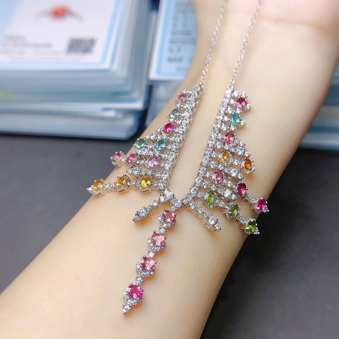 Natural Tourmaline Necklace Luxury Multicolor Sparkle🍀Crystal Clear S925 Silver Stacking Jewelry Gift