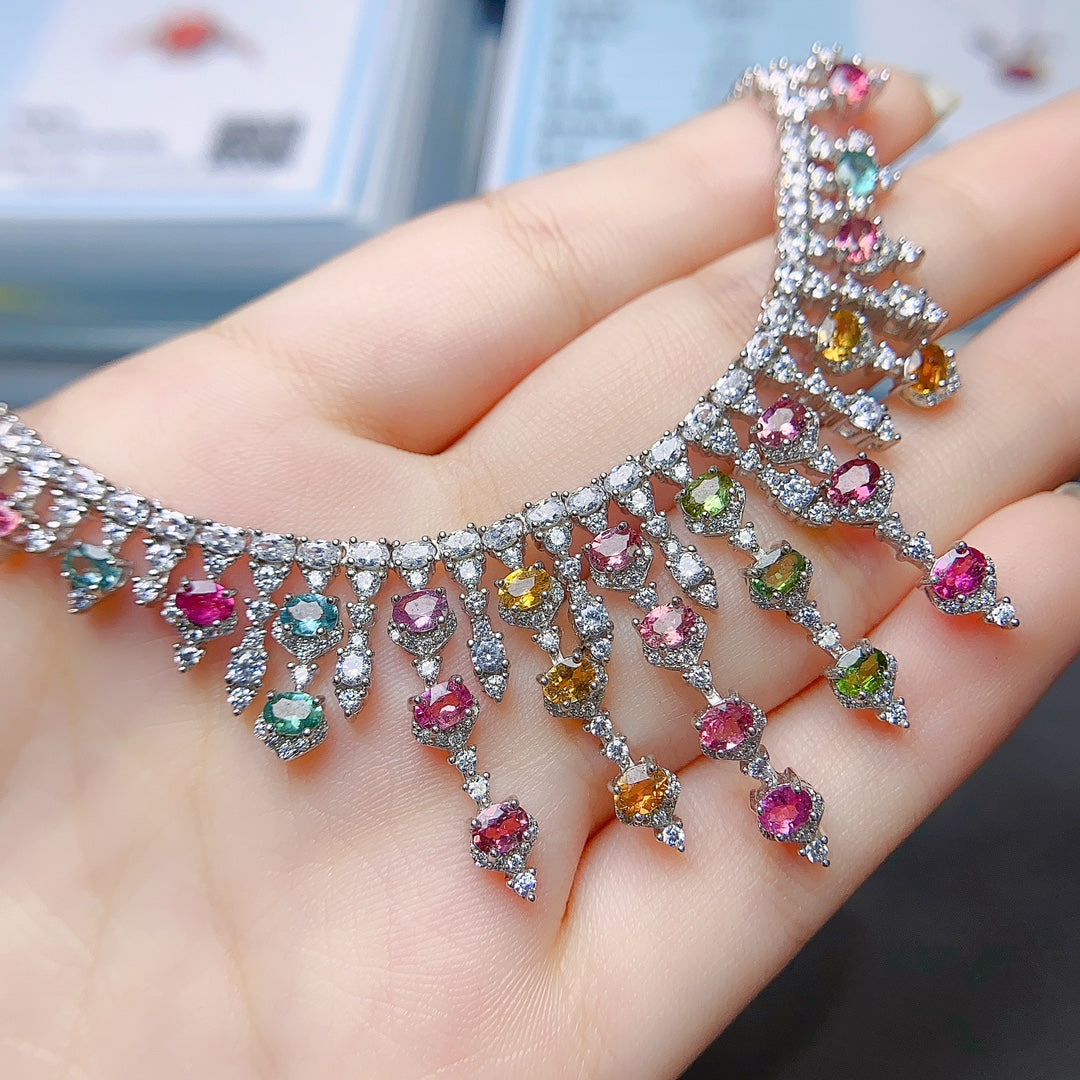 Natural Tourmaline Necklace Luxury Multicolor Sparkle🍀Crystal Clear S925 Silver Stacking Jewelry Gift