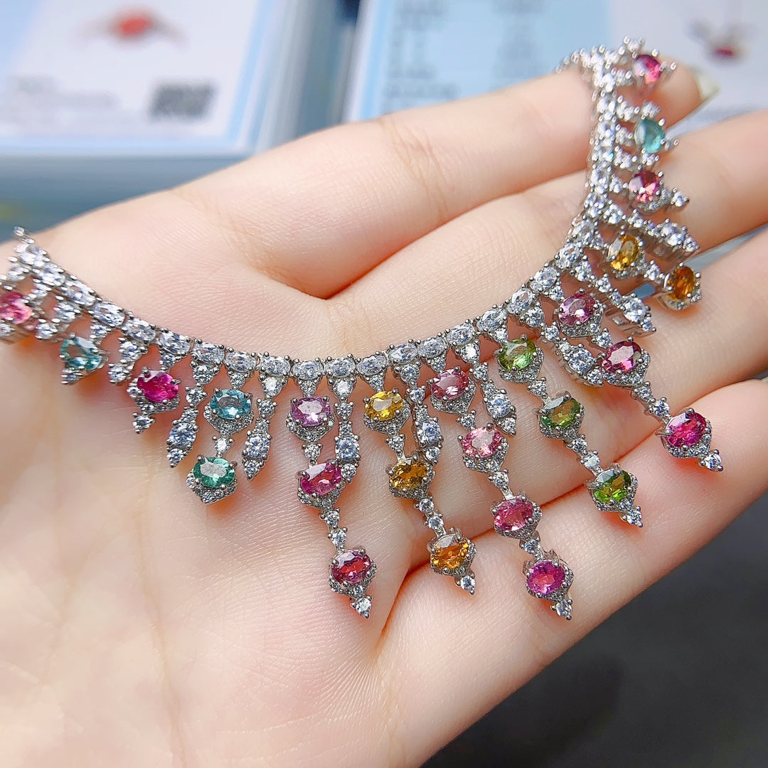 Natural Tourmaline Necklace Luxury Multicolor Sparkle🍀Crystal Clear S925 Silver Stacking Jewelry Gift