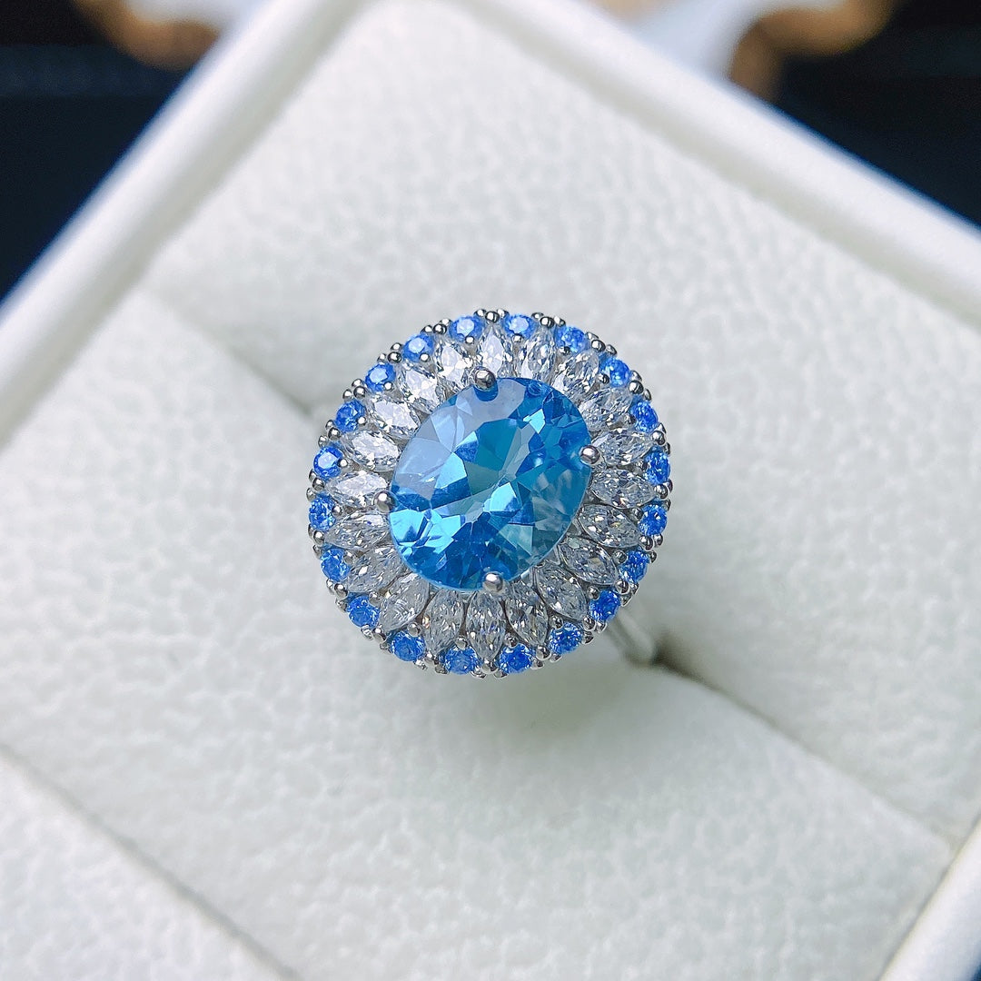 Natural Topaz Ring Adjustable Royal Blue🔮Crystal Clear S925 Silver Wealth Stone Lucky Jewelry Gift
