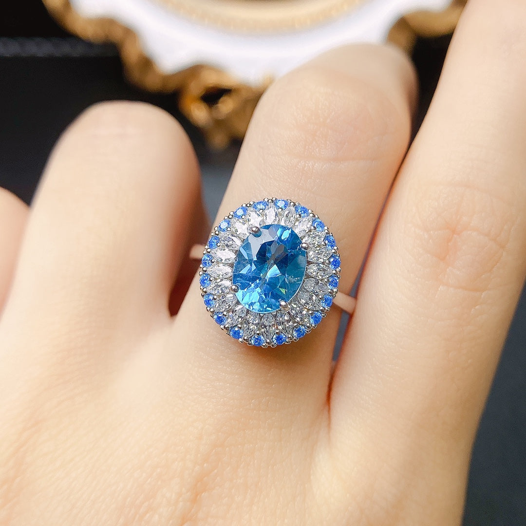 Natural Topaz Ring Adjustable Royal Blue🔮Crystal Clear S925 Silver Wealth Stone Lucky Jewelry Gift