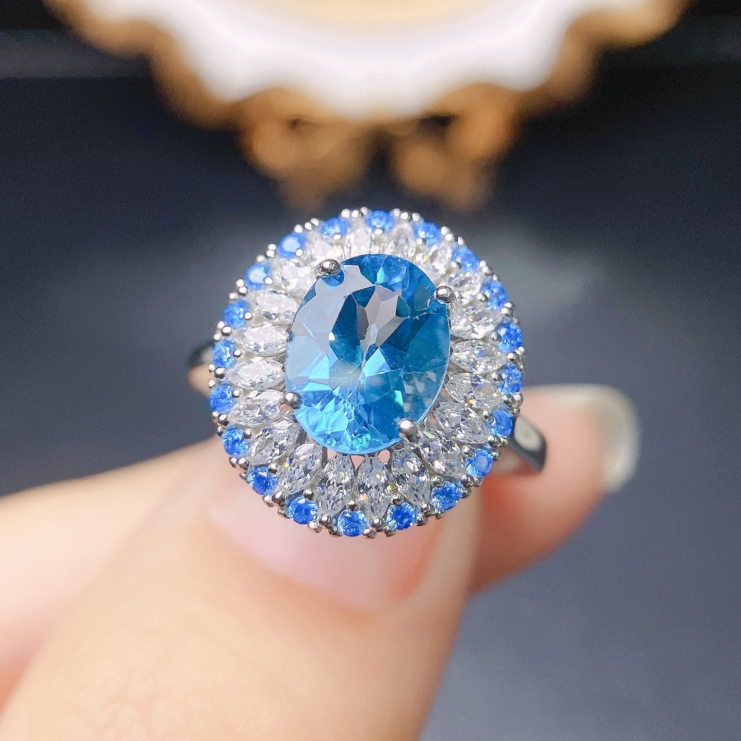 Natural Topaz Ring Adjustable Royal Blue🔮Crystal Clear S925 Silver Wealth Stone Lucky Jewelry Gift