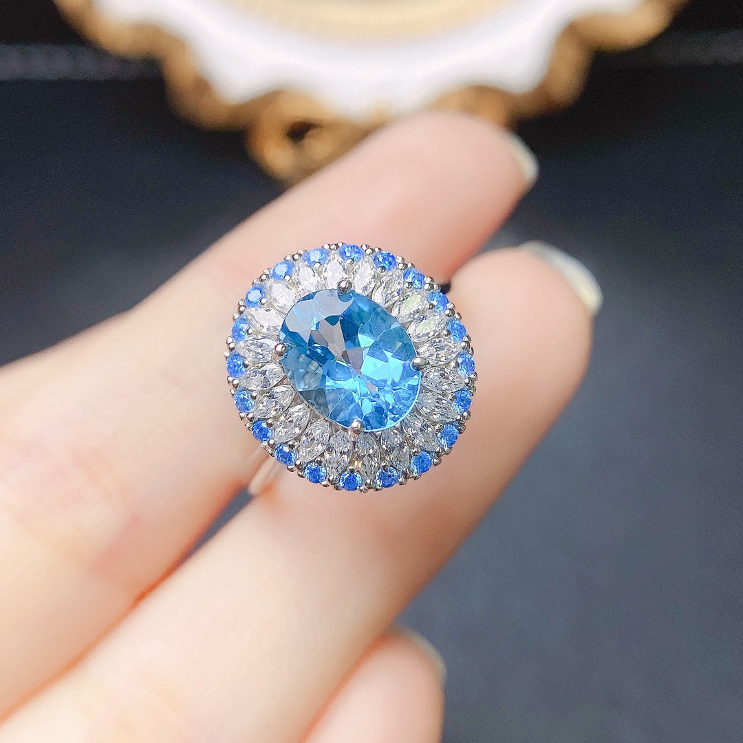 Natural Topaz Ring Adjustable Royal Blue🔮Crystal Clear S925 Silver Wealth Stone Lucky Jewelry Gift