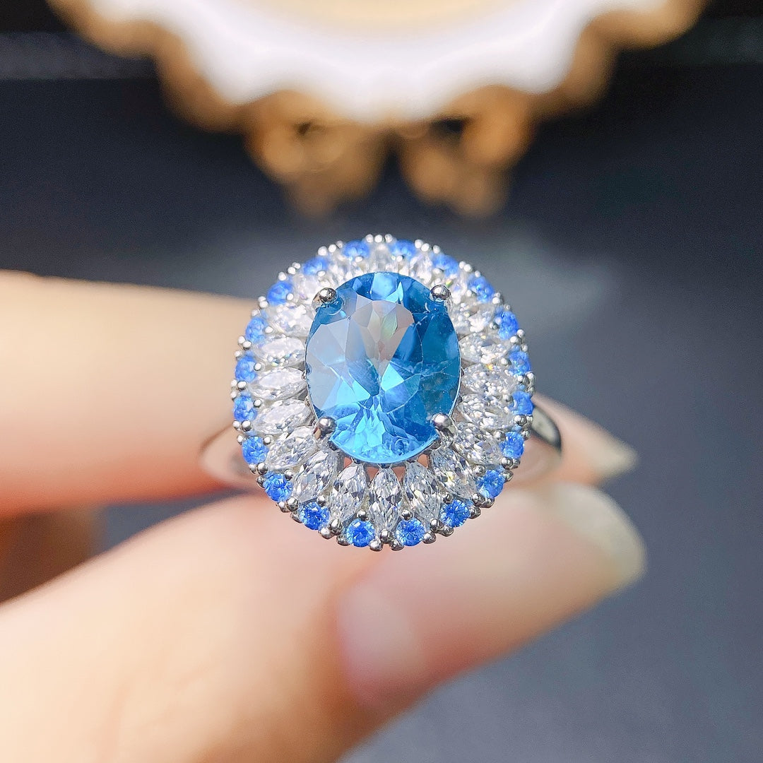 Natural Topaz Ring Adjustable Royal Blue🔮Crystal Clear S925 Silver Wealth Stone Lucky Jewelry Gift