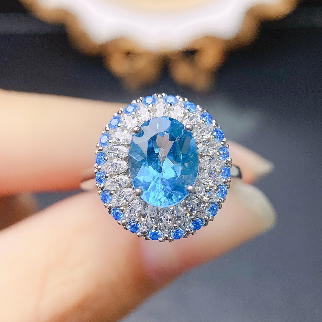 Natural Topaz Ring Adjustable Royal Blue🔮Crystal Clear S925 Silver Wealth Stone Lucky Jewelry Gift