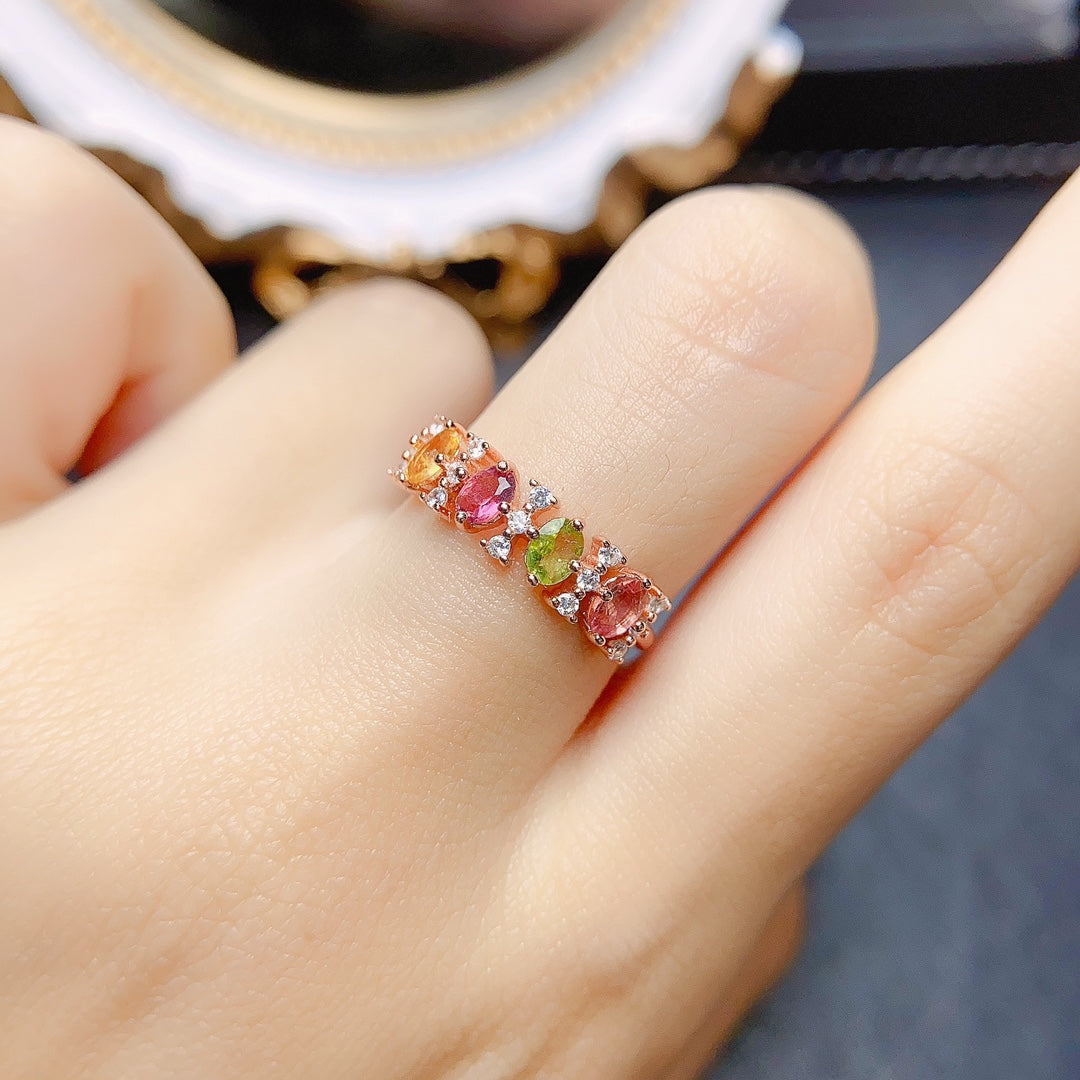 Natural Tourmaline Eternity Ring Adjustable Stacking🌟925 Silver 18K Gold/Rose Gold Plated Sparkle Minimalist Gift