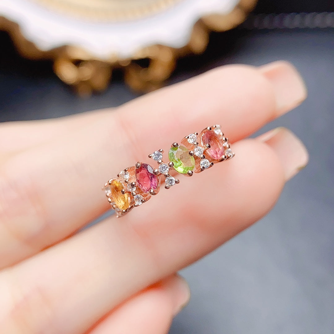 Natural Tourmaline Eternity Ring Adjustable Stacking🌟925 Silver 18K Gold/Rose Gold Plated Sparkle Minimalist Gift