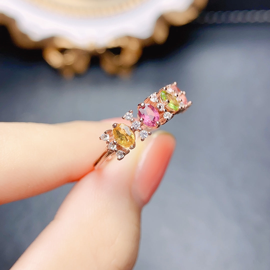 Natural Tourmaline Eternity Ring Adjustable Stacking🌟925 Silver 18K Gold/Rose Gold Plated Sparkle Minimalist Gift