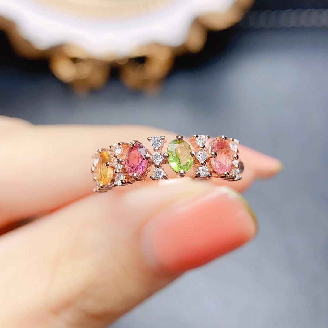 Natural Tourmaline Eternity Ring Adjustable Stacking🌟925 Silver 18K Gold/Rose Gold Plated Sparkle Minimalist Gift