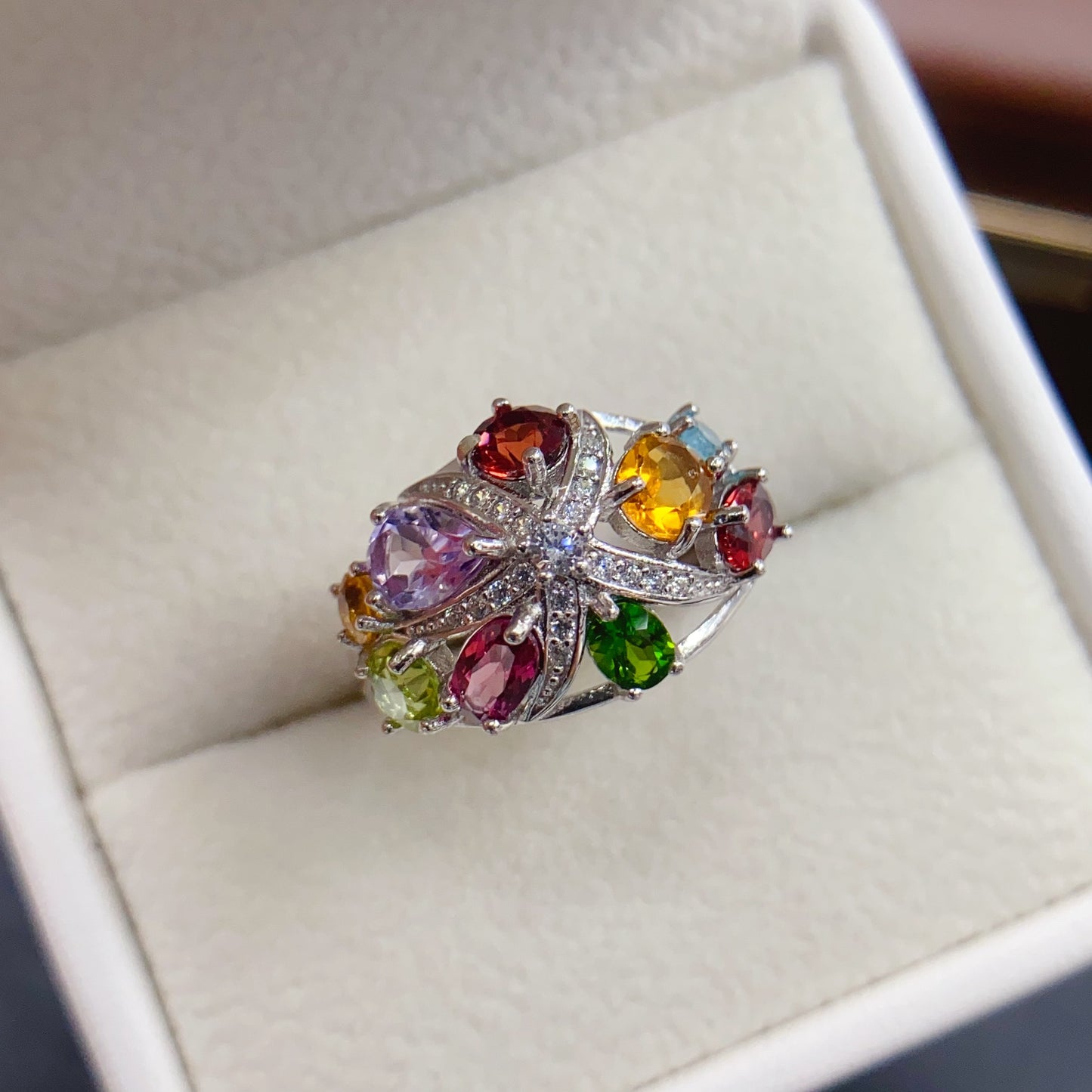 Natural Multi-Gemstone Adjustable Ring Luxe Design🎨Colorful Energy Stones S925 Silver 34+45mm Stacking Gift