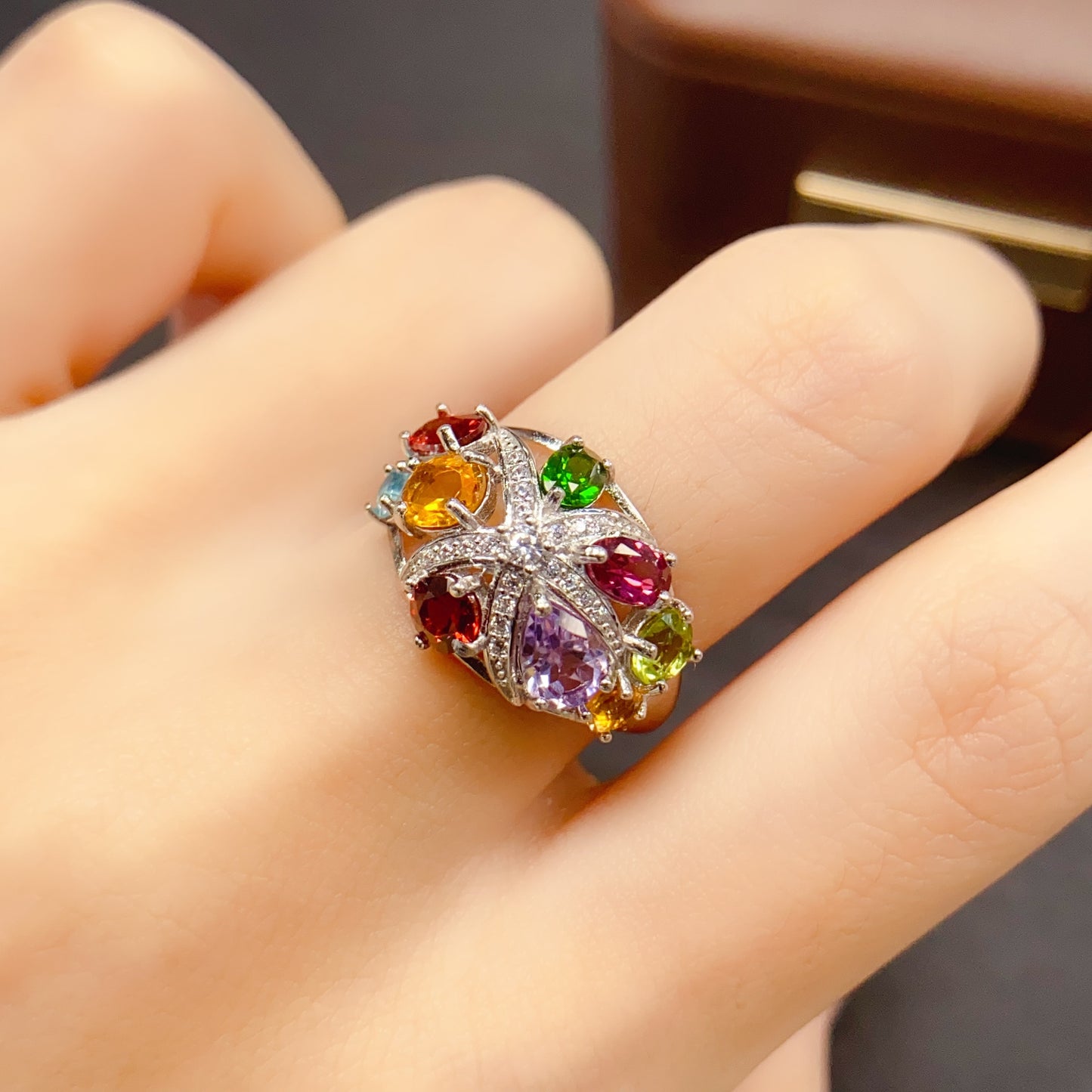 Natural Multi-Gemstone Adjustable Ring Luxe Design🎨Colorful Energy Stones S925 Silver 34+45mm Stacking Gift