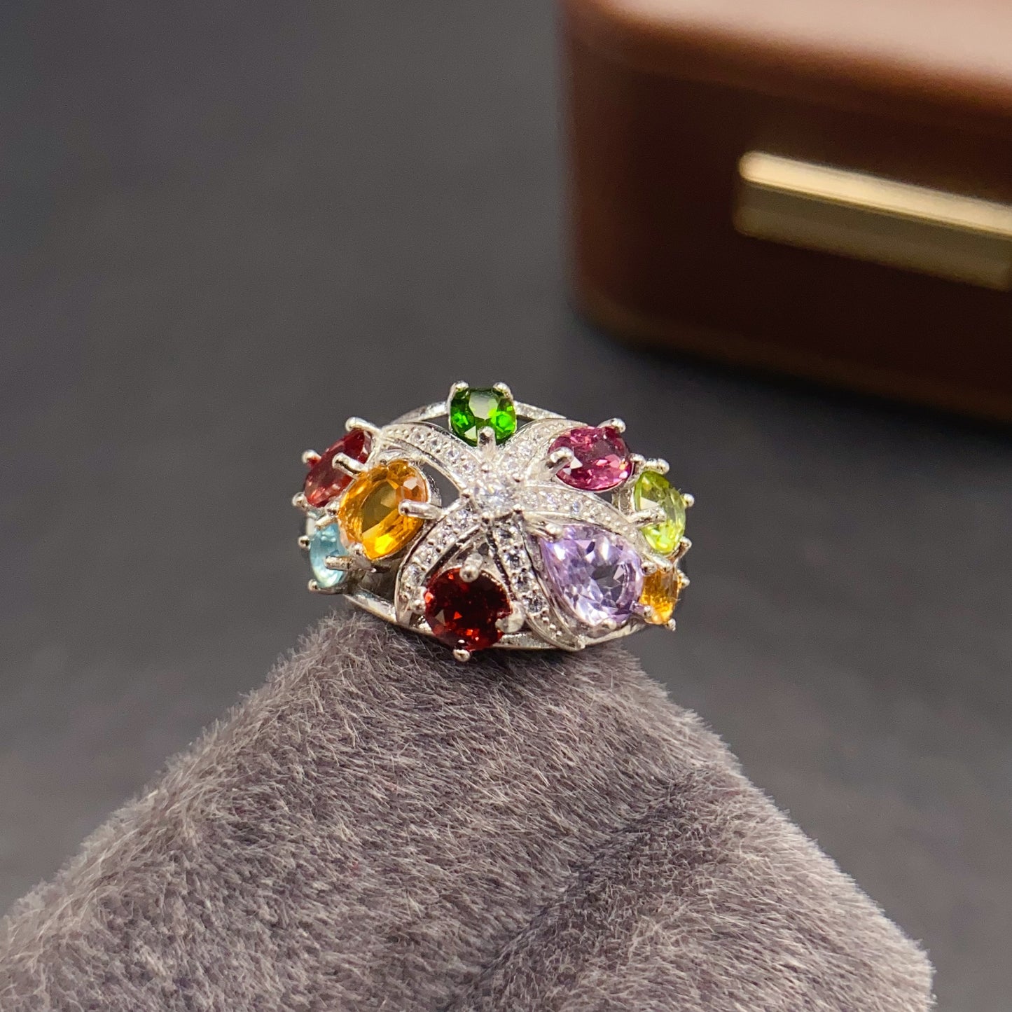 Natural Multi-Gemstone Adjustable Ring Luxe Design🎨Colorful Energy Stones S925 Silver 34+45mm Stacking Gift