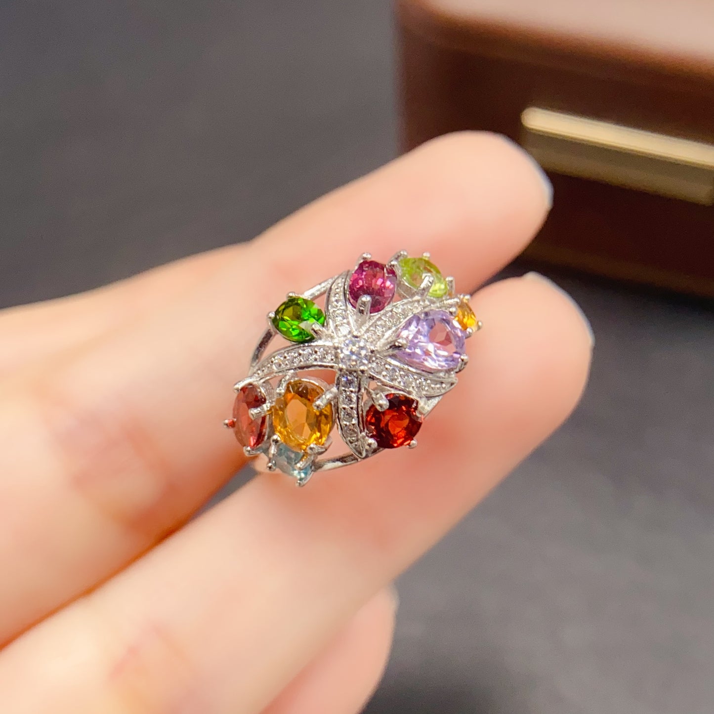 Natural Multi-Gemstone Adjustable Ring Luxe Design🎨Colorful Energy Stones S925 Silver 34+45mm Stacking Gift