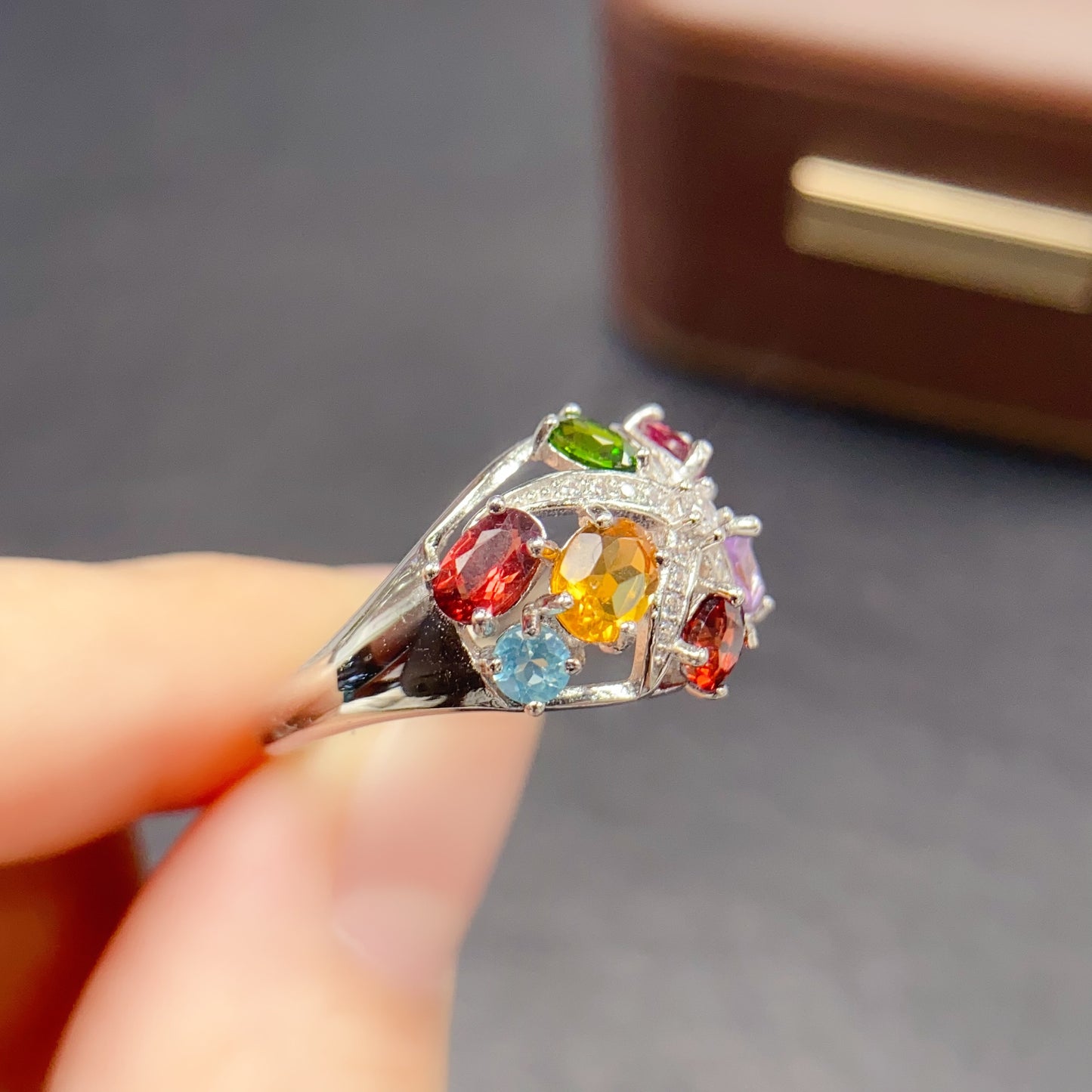 Natural Multi-Gemstone Adjustable Ring Luxe Design🎨Colorful Energy Stones S925 Silver 34+45mm Stacking Gift