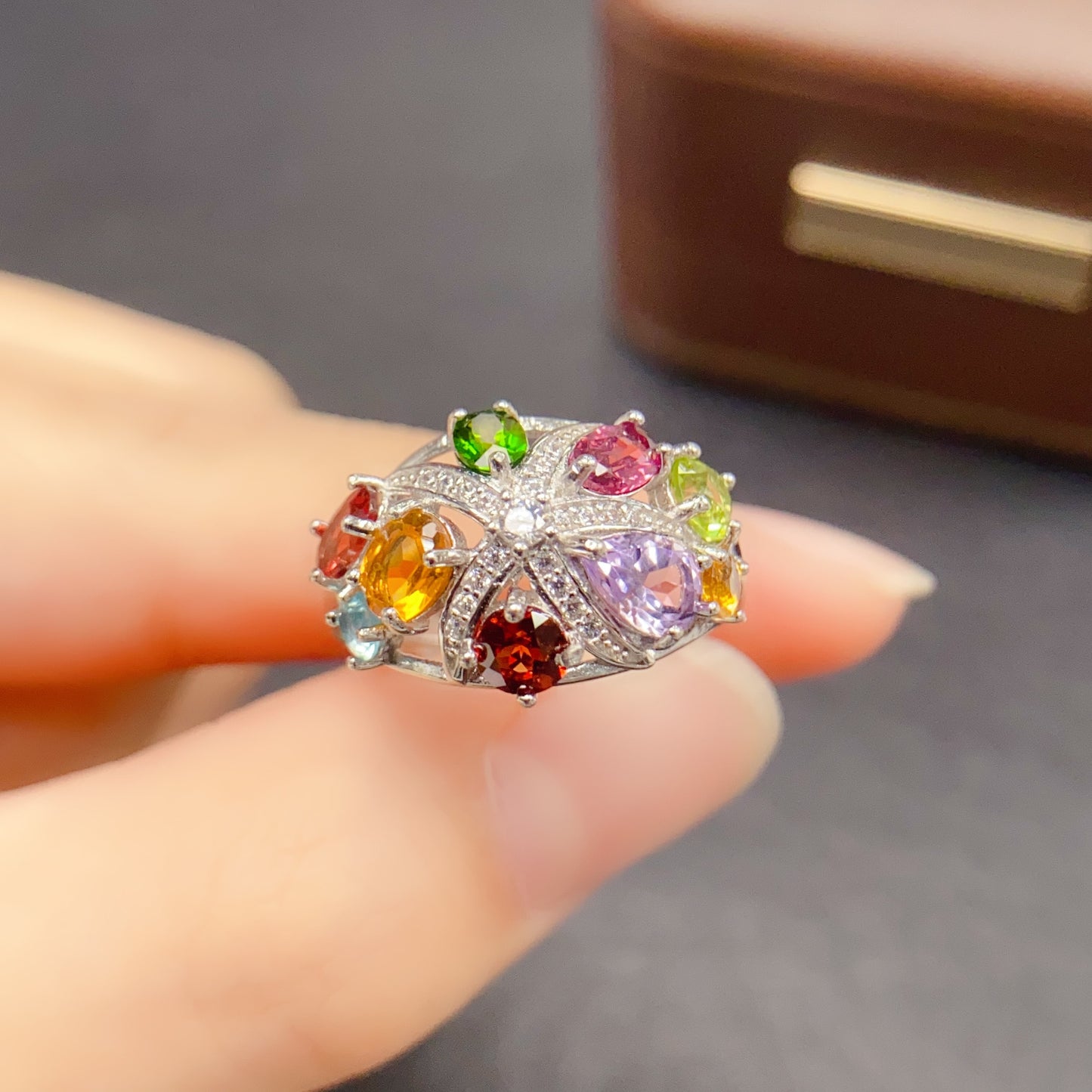 Natural Multi-Gemstone Adjustable Ring Luxe Design🎨Colorful Energy Stones S925 Silver 34+45mm Stacking Gift