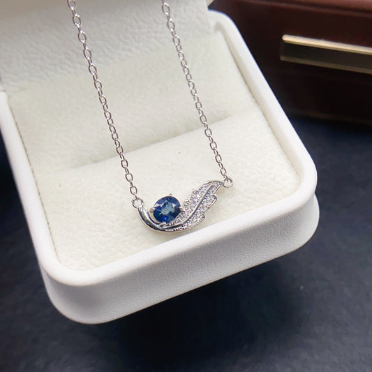 Natural Sapphire Necklace Feather Design👑4*5mm Royal Blue Sparkle S925 Silver Freedom Wings Lucky Gift