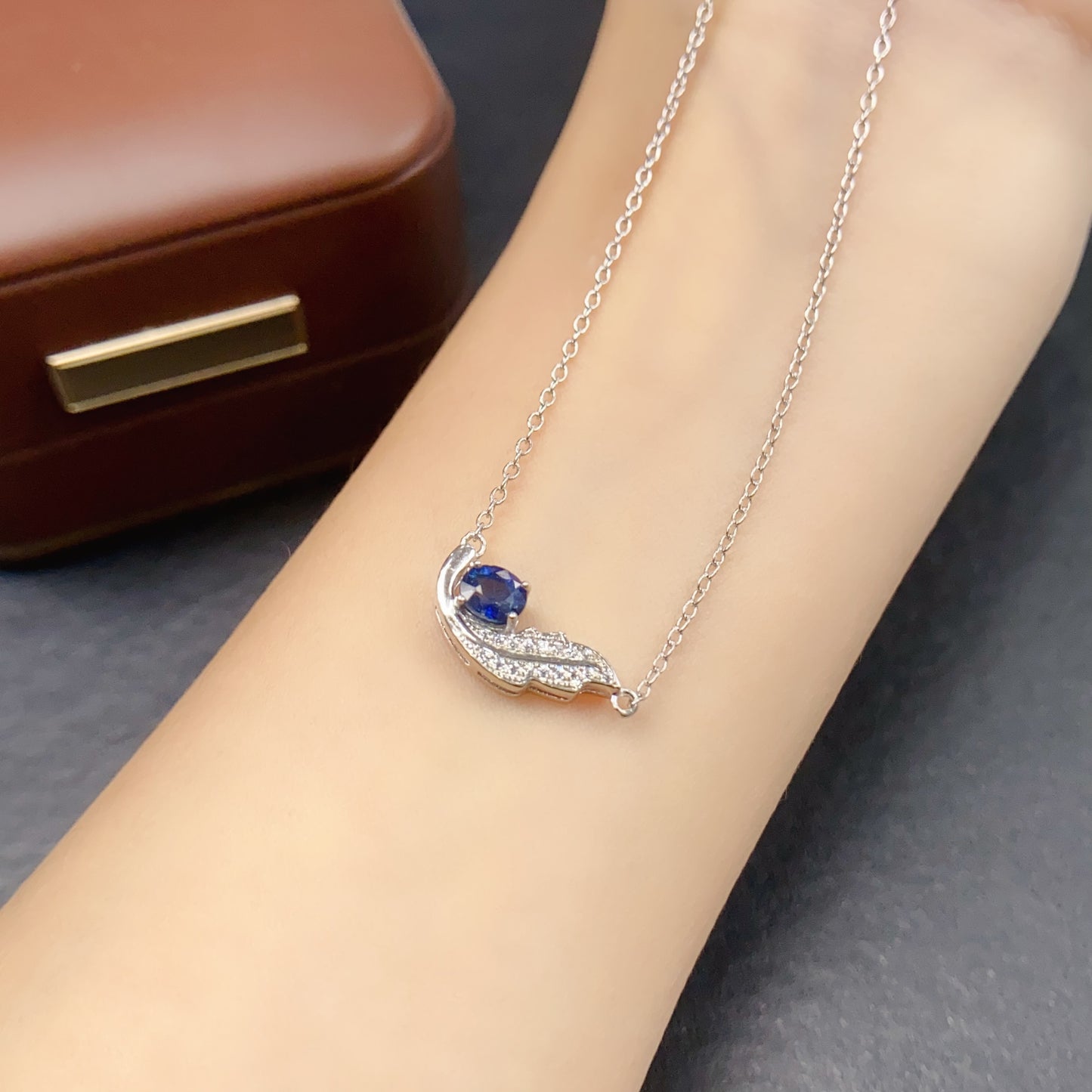 Natural Sapphire Necklace Feather Design👑4*5mm Royal Blue Sparkle S925 Silver Freedom Wings Lucky Gift