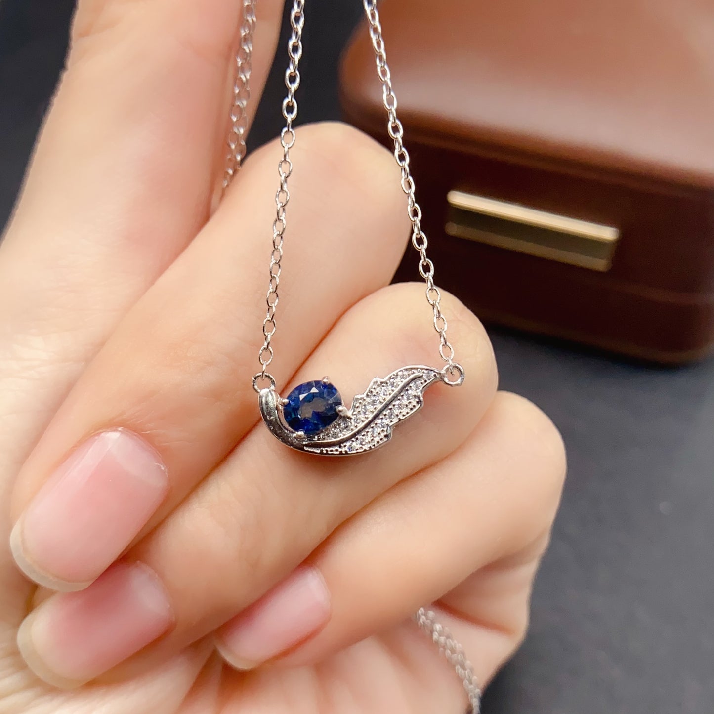 Natural Sapphire Necklace Feather Design👑4*5mm Royal Blue Sparkle S925 Silver Freedom Wings Lucky Gift