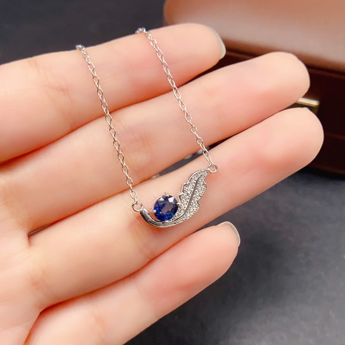 Natural Sapphire Necklace Feather Design👑4*5mm Royal Blue Sparkle S925 Silver Freedom Wings Lucky Gift