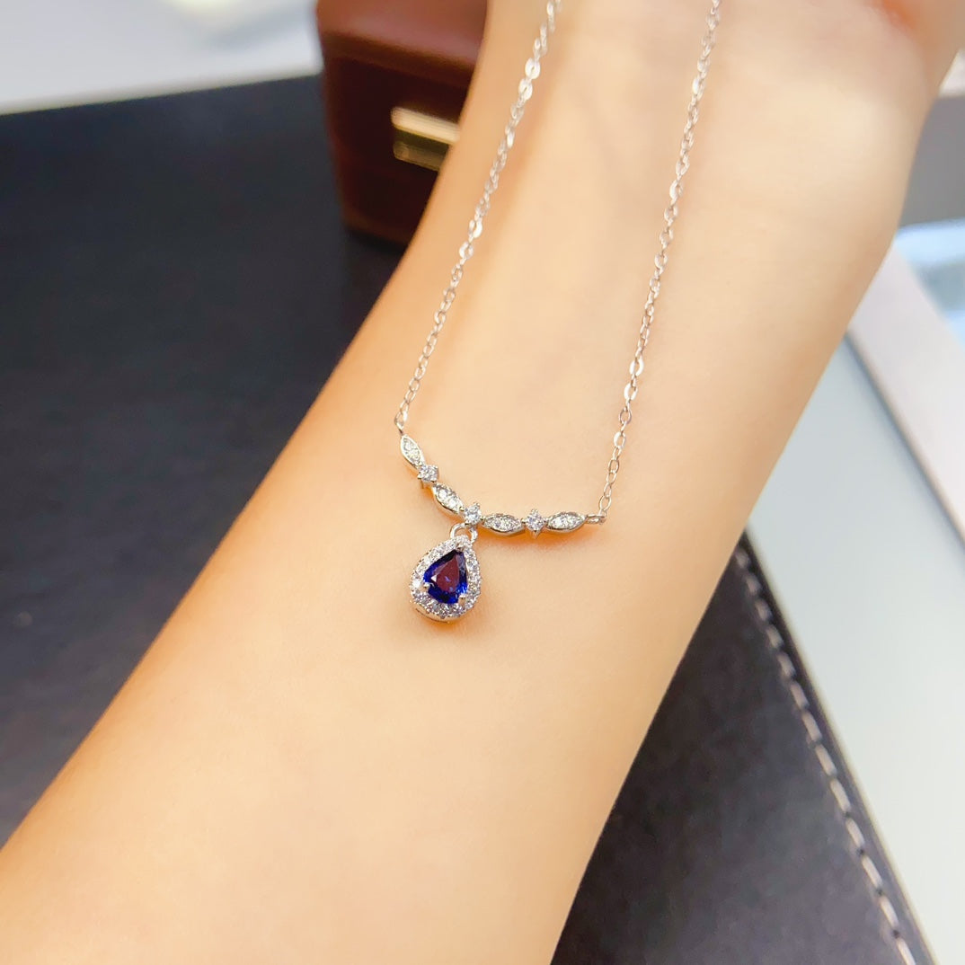 Natural Sapphire Necklace Feather Design👑4*5mm Royal Blue Sparkle S925 Silver Freedom Wings Lucky Gift