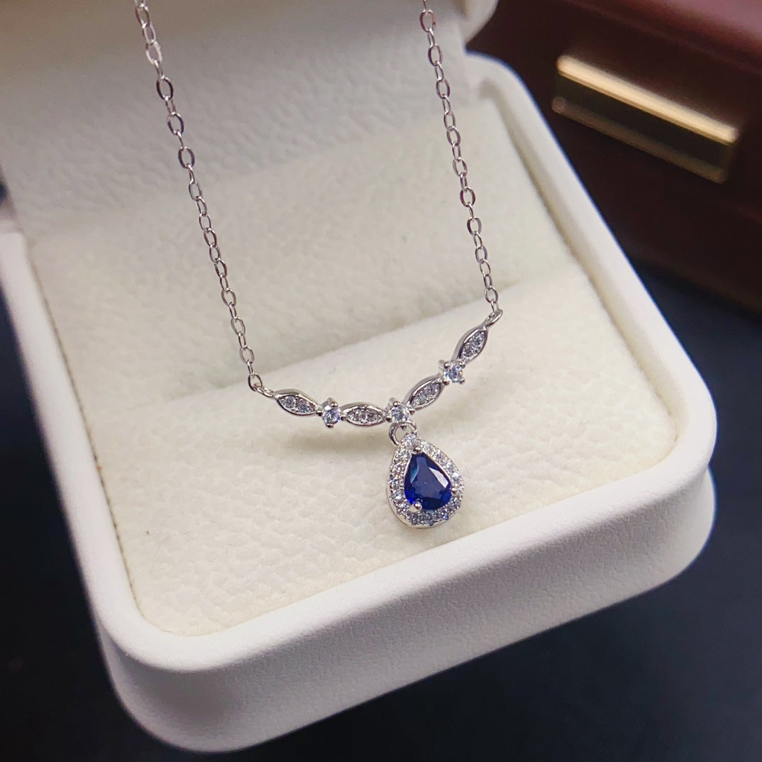 Natural Sapphire Necklace Feather Design👑4*5mm Royal Blue Sparkle S925 Silver Freedom Wings Lucky Gift