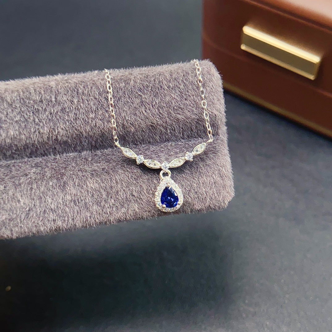 Natural Sapphire Necklace Feather Design👑4*5mm Royal Blue Sparkle S925 Silver Freedom Wings Lucky Gift