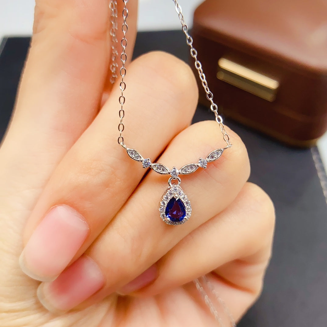 Natural Sapphire Necklace Feather Design👑4*5mm Royal Blue Sparkle S925 Silver Freedom Wings Lucky Gift