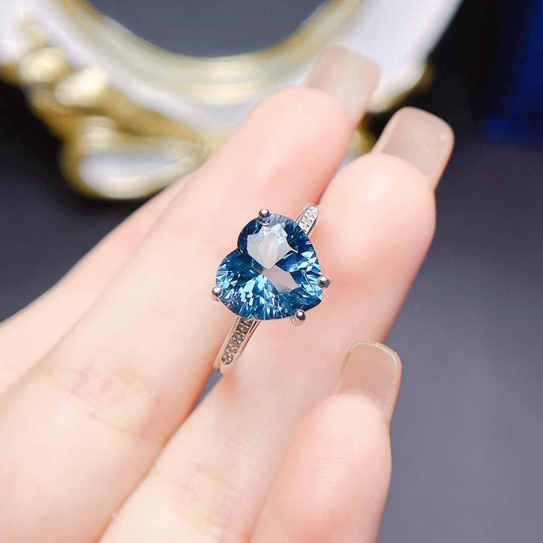 Natural Topaz Adjustable Ring London Blue Deep Rich Color 10*10mm Gem Full Clean Stone Intense Fire 925 Silver Gold-plated Setting Light Luxury Minimalist Ins Style Gift 💍